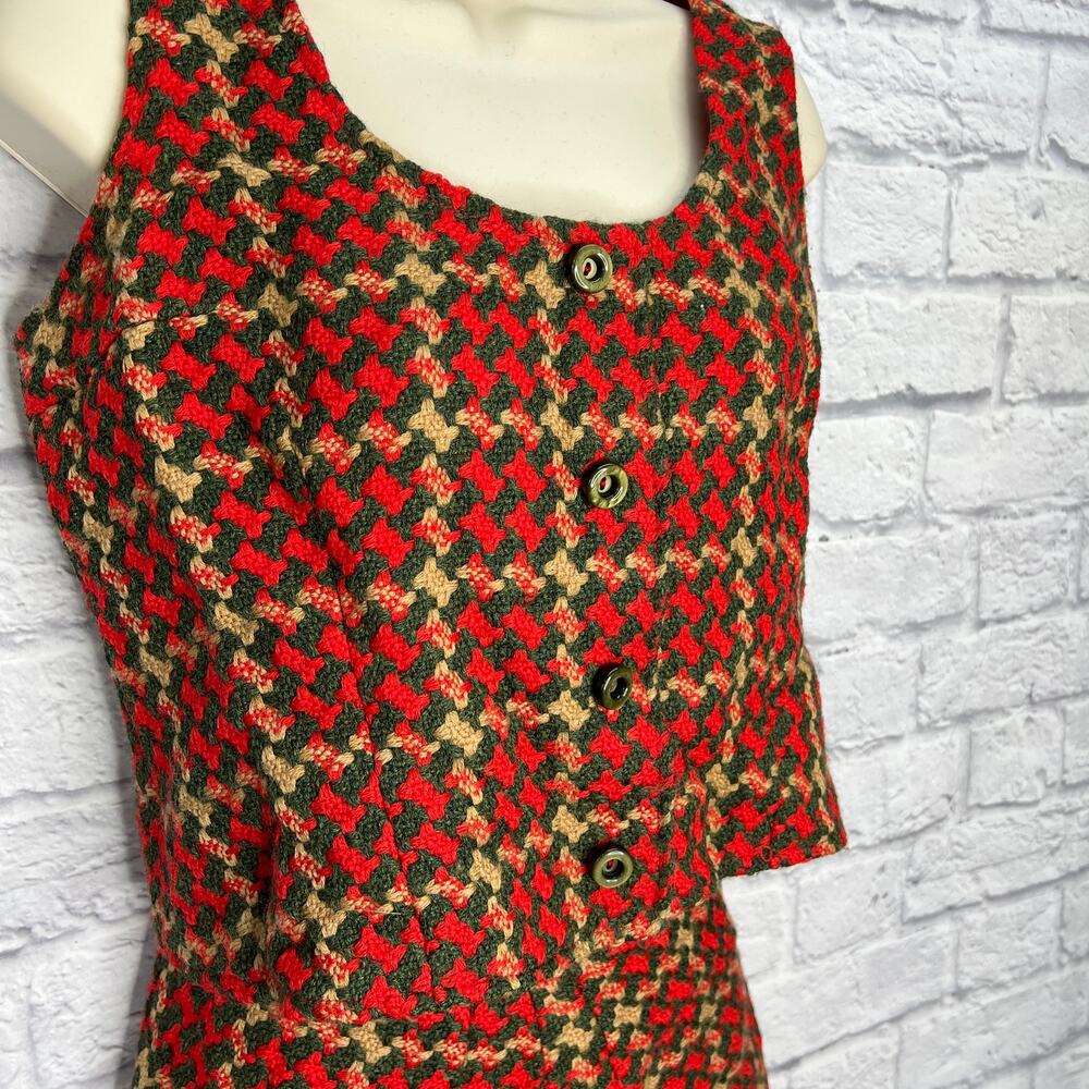 Vintage Handmade 2 Piece Outfit Pencil Skirt Cropped Vest Red Green Tweed M/L - Picture 4 of 10